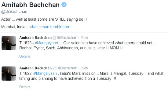Amitabh Bachchan Congralutates ISO on the success of Mangalyaan